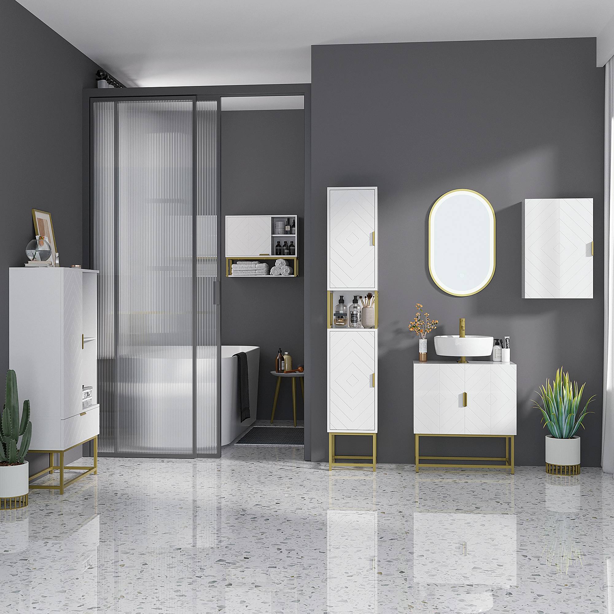 Sans Marque - Meuble sous lavabo meuble salle bain placard double porte pieds acier doré 60x30x65 cm blanc - Image 3