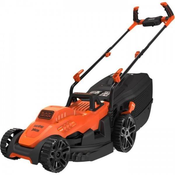 Tondeuse a Gazon BLACK+DECKER   Filaire 1400W Poignée BIKE BEMW461BH-QS 34 cm - 6 Hauteurs Réglables - Idéale pour 300 a 400m²
