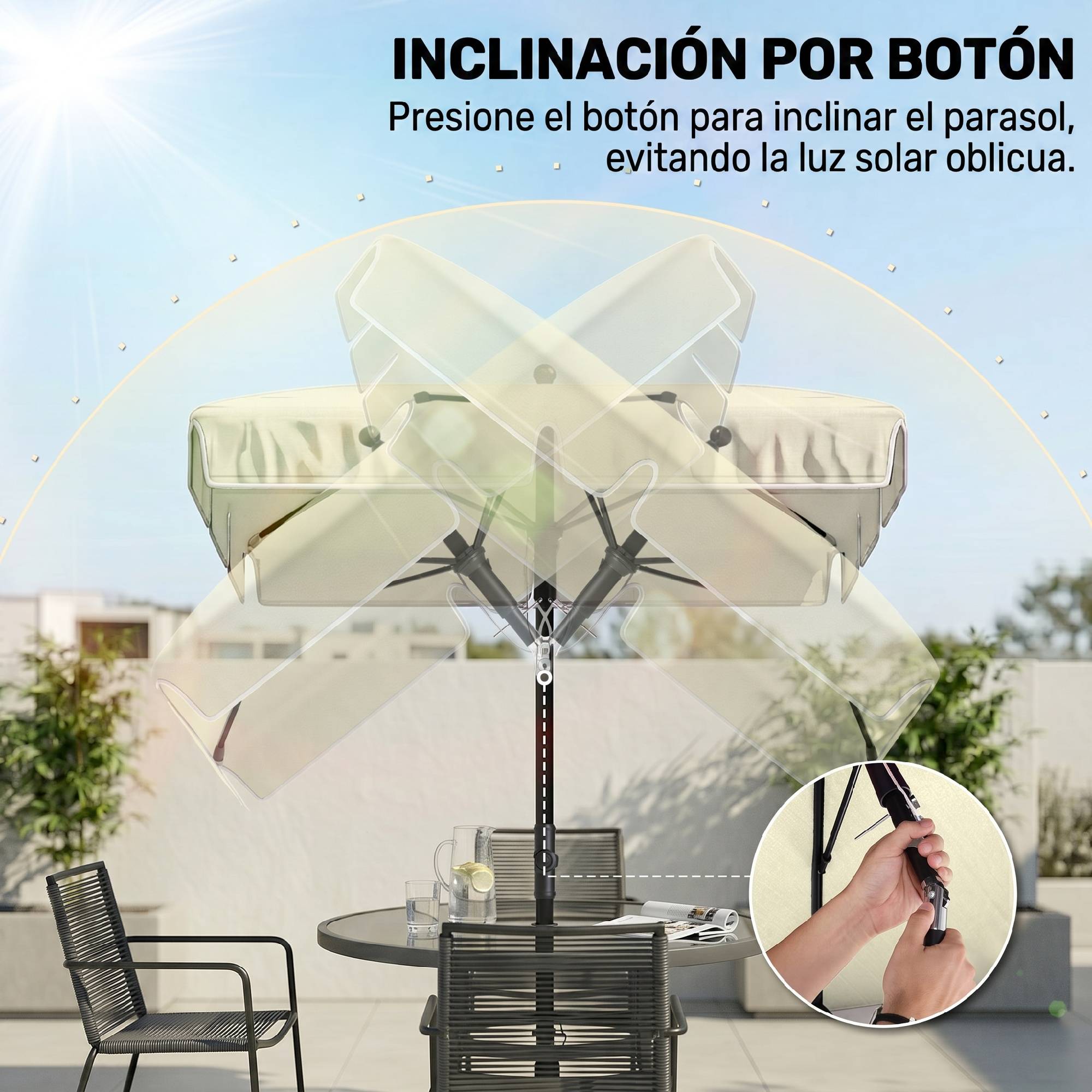 Parasol de terrasse rectangulaire en aluminium beige, 2 x 1,3 x 2,5 m, avec fonction d'inclinaison - Image 8