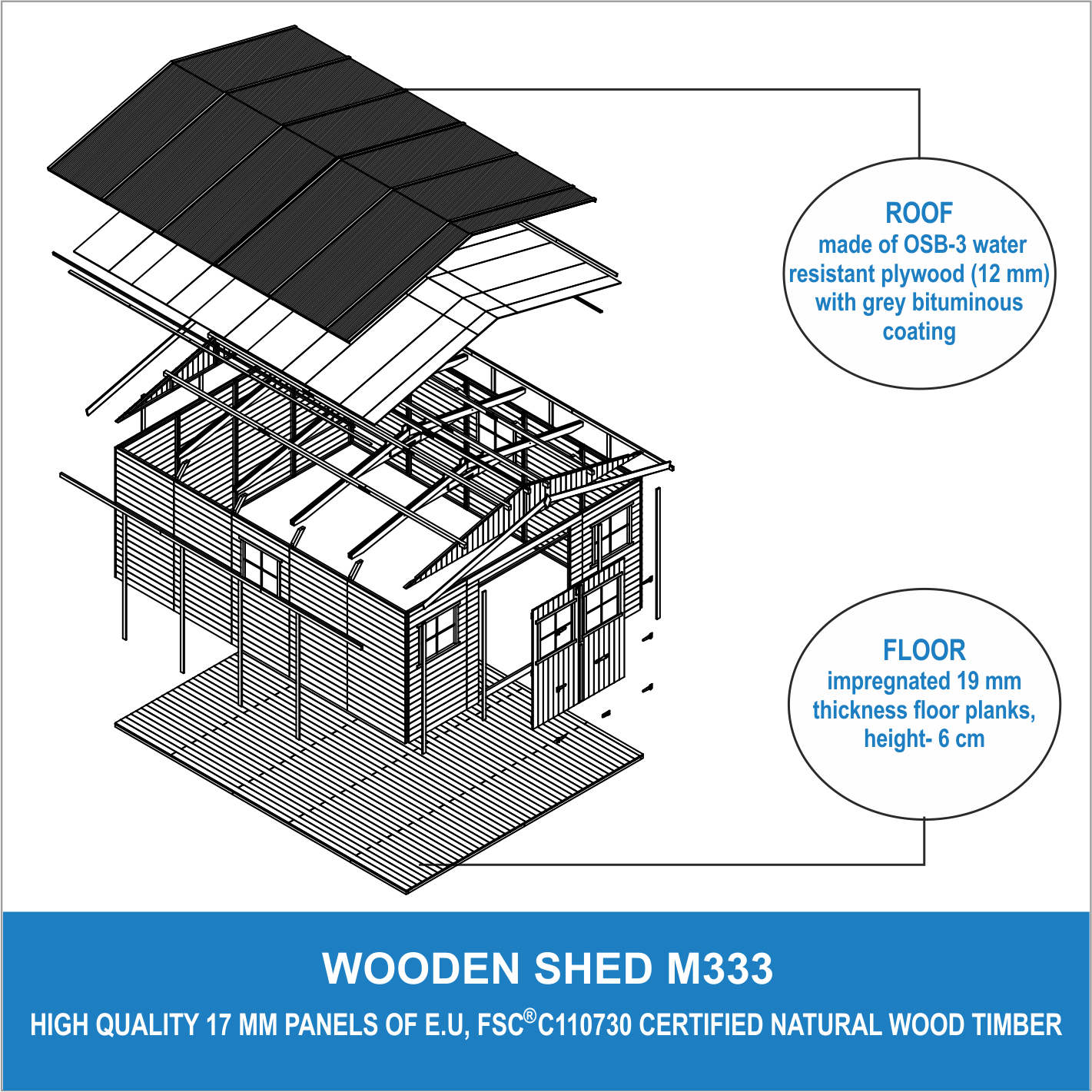 Timbela - Abri de jardin en bois Exterieur H246x418x522 cm / 20 m² avec les planchers imprégné - Maison de jardin - 17 mm d’épaisseur - Timbela M333 +M333G - Image 7