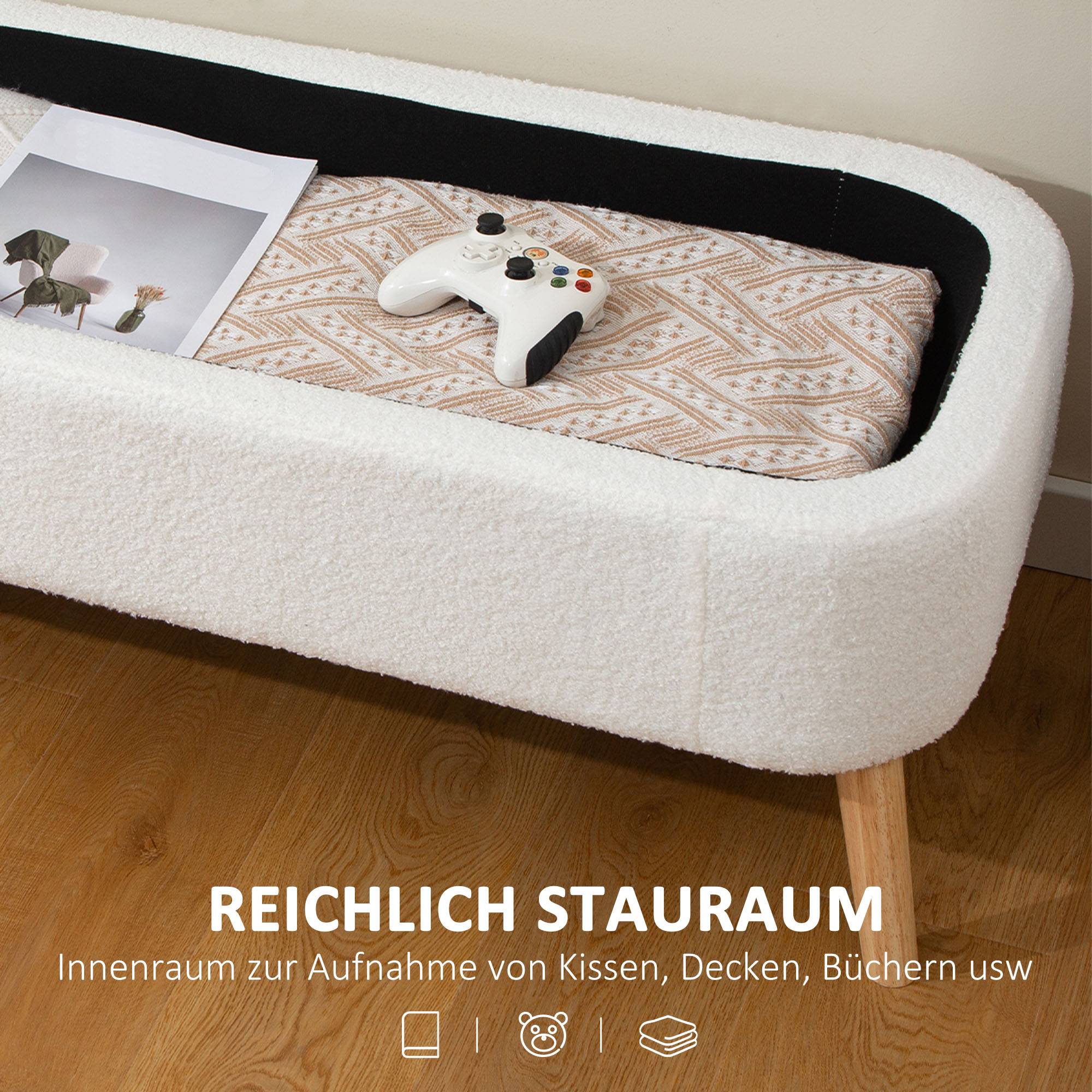 Banc de rangement, avec un espace de rangement de 65 L, en tissu polaire effet peluche, en bois d'hévéa, 120 x 42 x 45 cm, blanc crème - Image 6