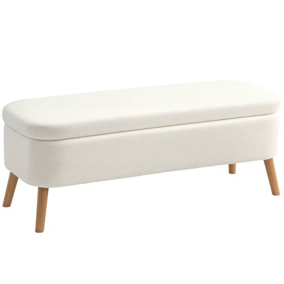 Banc de rangement, avec un espace de rangement de 65 L, en tissu polaire effet peluche, en bois d'hévéa, 120 x 42 x 45 cm, blanc crème - Image 1