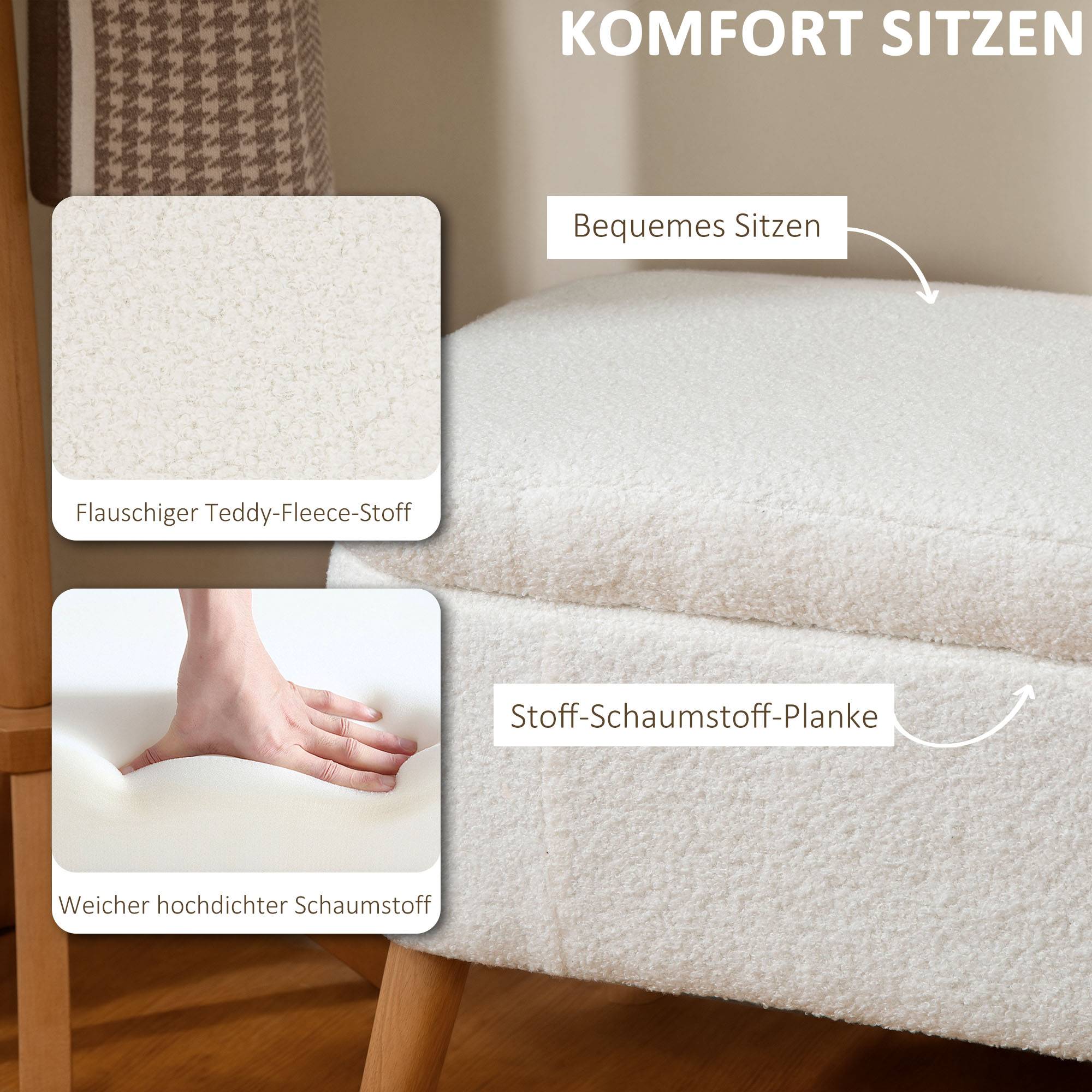 Banc de rangement, avec un espace de rangement de 65 L, en tissu polaire effet peluche, en bois d'hévéa, 120 x 42 x 45 cm, blanc crème - Image 7