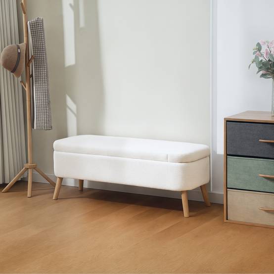 Banc de rangement, avec un espace de rangement de 65 L, en tissu polaire effet peluche, en bois d'hévéa, 120 x 42 x 45 cm, blanc crème - Image 4