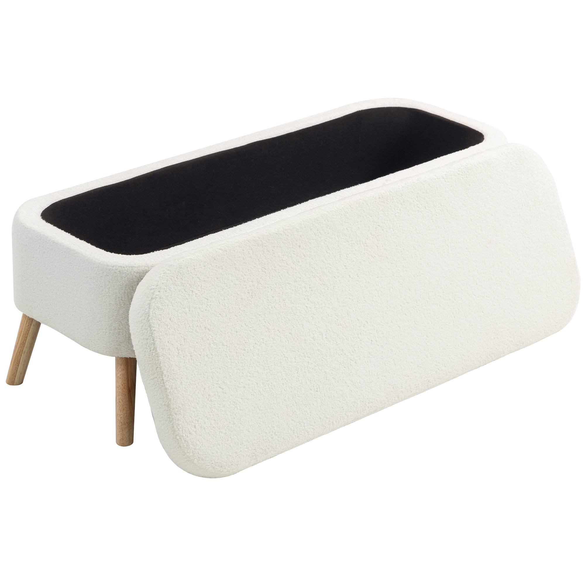 Banc de rangement, avec un espace de rangement de 65 L, en tissu polaire effet peluche, en bois d'hévéa, 120 x 42 x 45 cm, blanc crème - Image 2