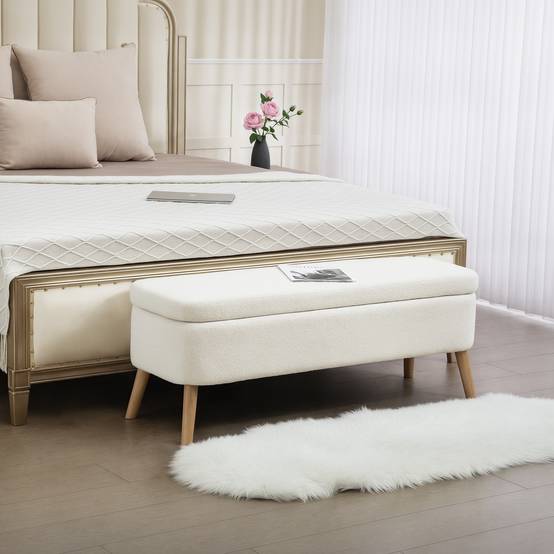 Banc de rangement, avec un espace de rangement de 65 L, en tissu polaire effet peluche, en bois d'hévéa, 120 x 42 x 45 cm, blanc crème - Image 3