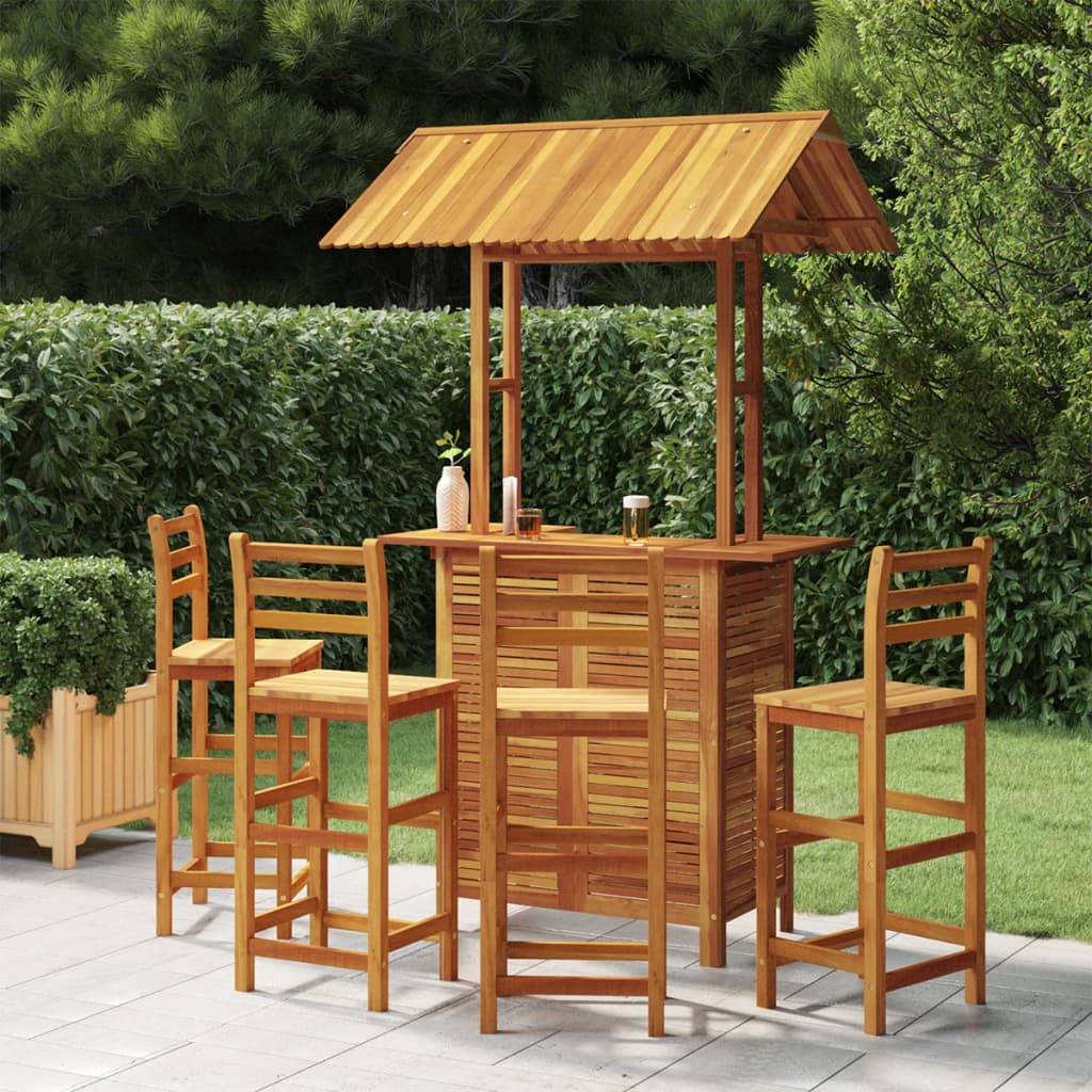 Grand Bar d'Extérieur Couvert 5 Pièces en Acacia Massif Résistant avec Tabourets Hauts Confortables Brun – ComfortXL Outdoor Living - Image 1