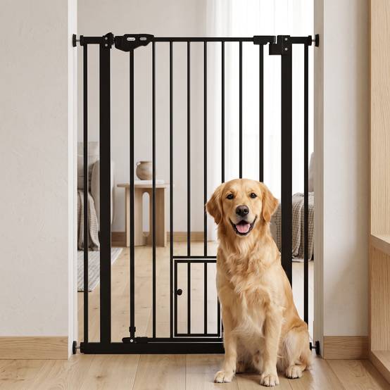 Barrière pour chien, double verrouillage, porte auto-fermante, 104 cm haut, acier, noir - Image 10