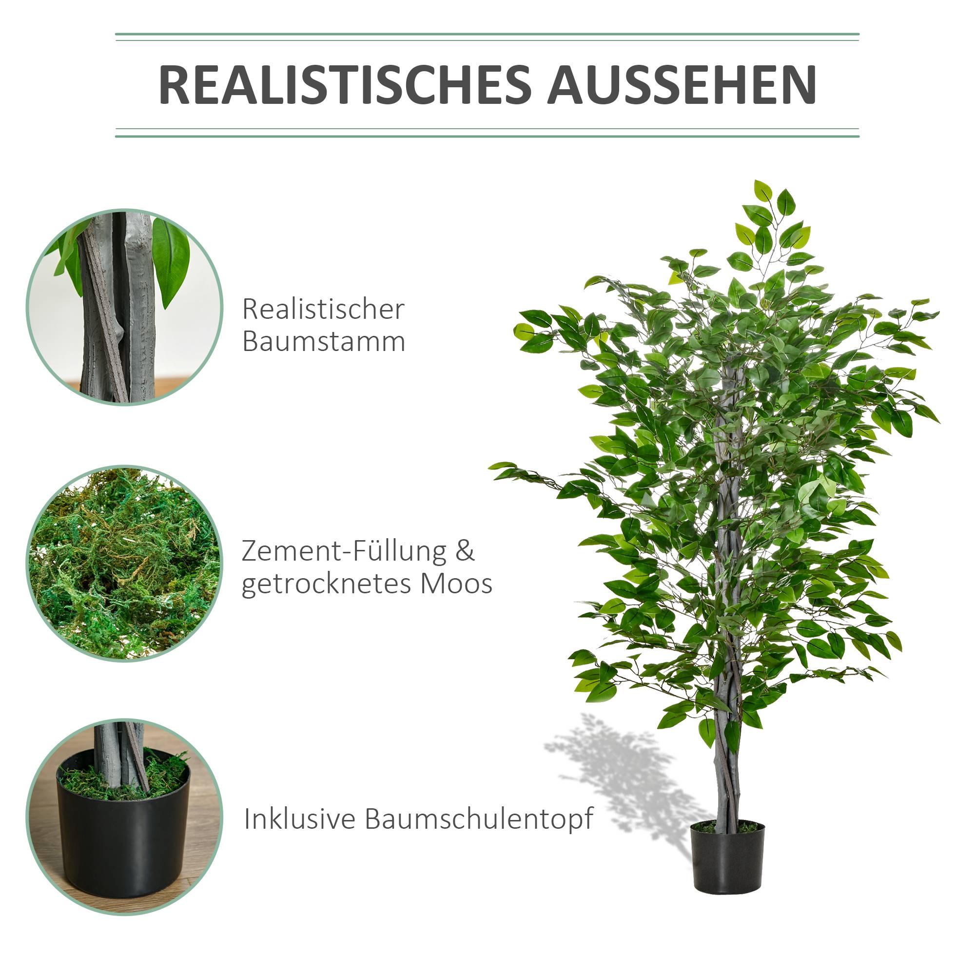Sans Marque - Arbre artificiel, ficus, aspect réaliste, pot ciment, 135 cm, facile, plastique, vert - Image 7