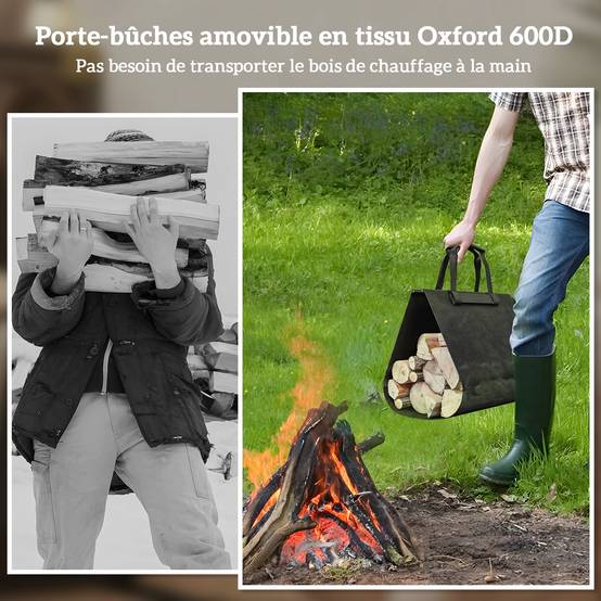 Porte-bûches, range-bûches, avec transporteur amovible, intérieure, 49l x 34P x 44H cm, métal, noir - Image 7