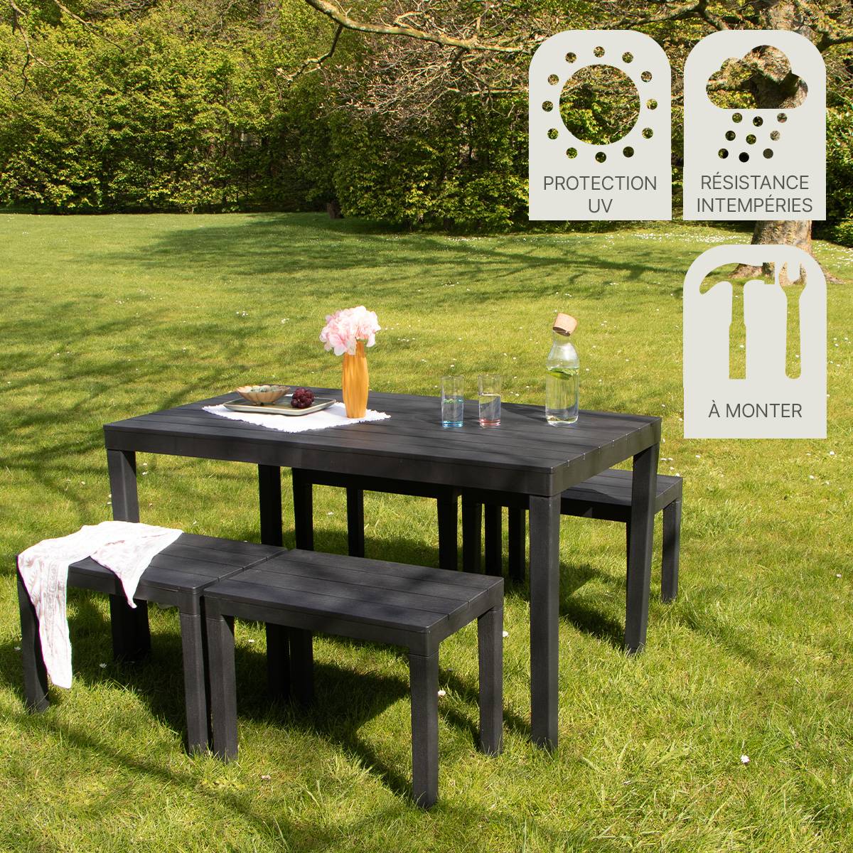 Wilsa Garden - Salon de jardin en résine anthracite avec 4 bancs SAMOA - Image 8