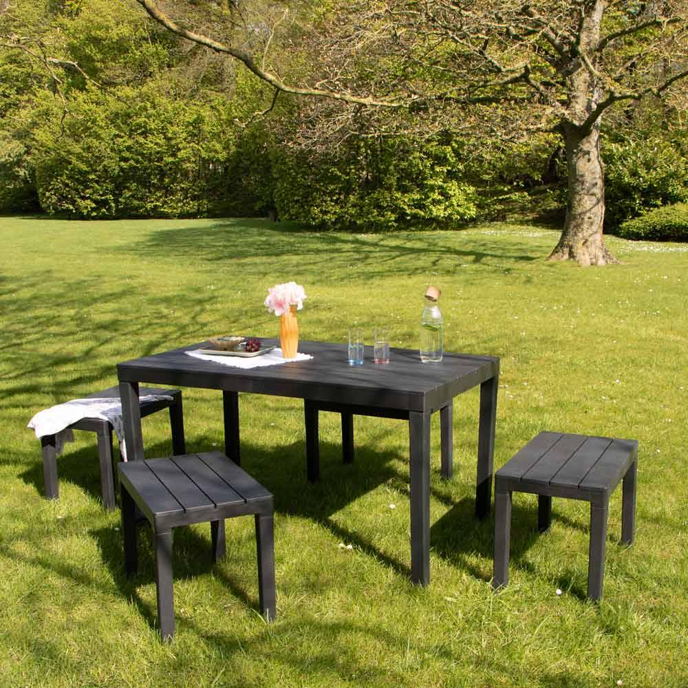 Wilsa Garden - Salon de jardin en résine anthracite avec 4 bancs SAMOA - Image 1