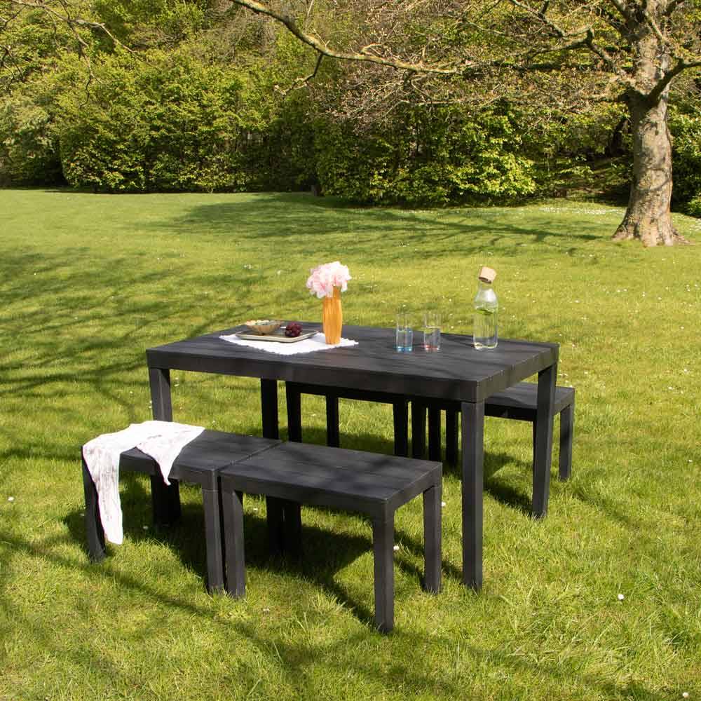 Wilsa Garden - Salon de jardin en résine anthracite avec 4 bancs SAMOA - Image 3