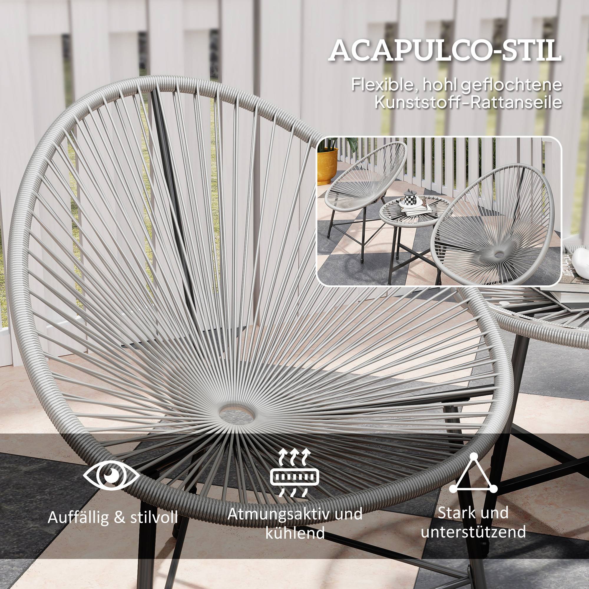 ComfortXL - Salon de jardin 3 pièces résine PE grise 2 places fauteuils ovales table en verre pour balcon et terrasse - Image 5