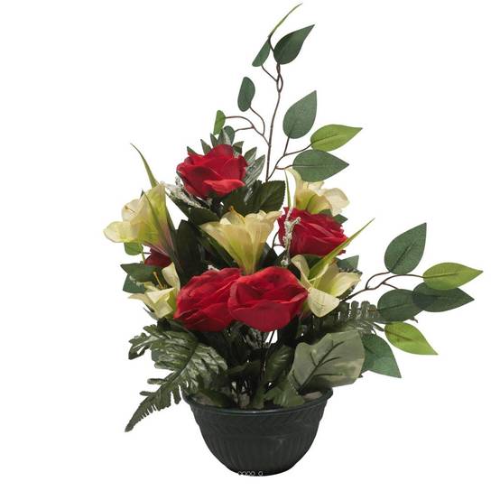 Vasque de Rose, Lys, Gypsophile et Ficus pour la toussaint Rouge - couleur: Rouge - Image 2