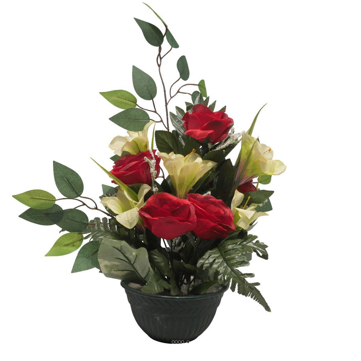 Vasque de Rose, Lys, Gypsophile et Ficus pour la toussaint Rouge - couleur: Rouge - Image 1