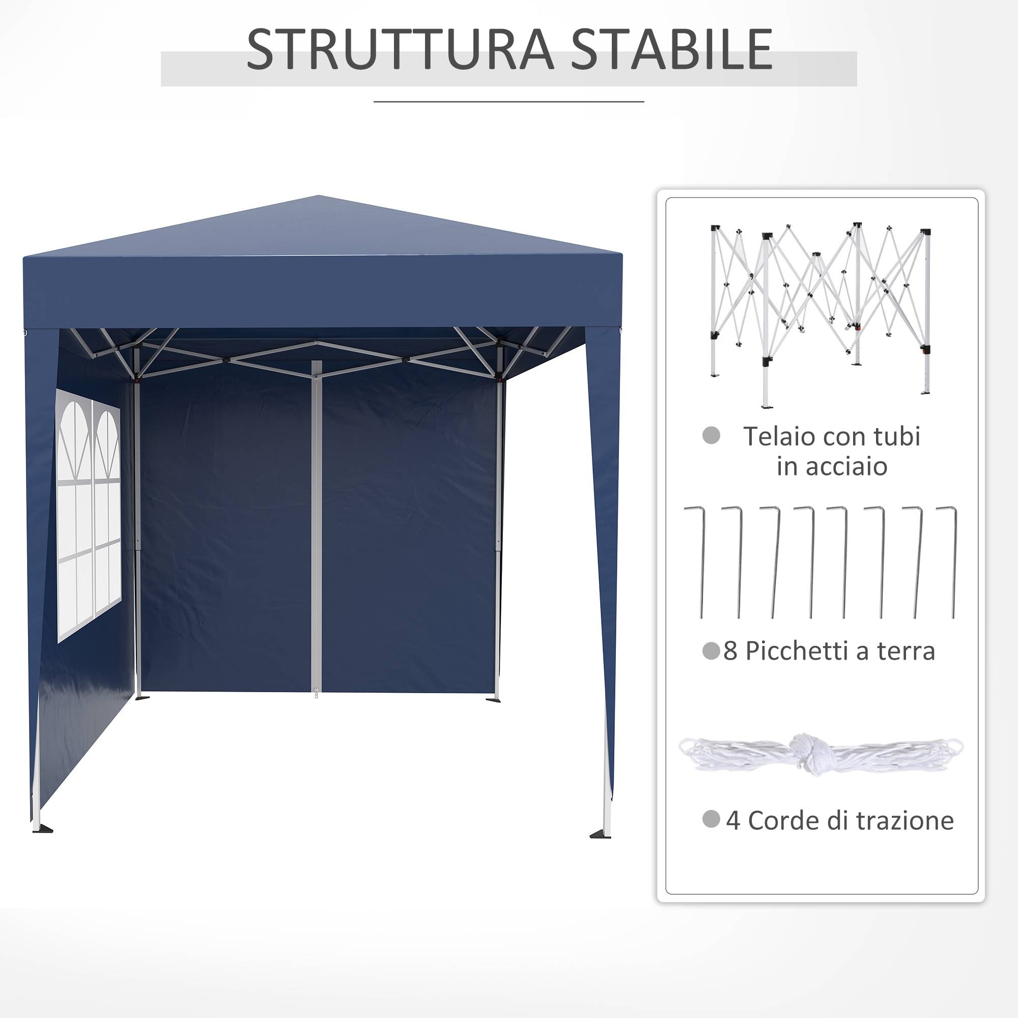 Tonnelle pliante 2x2m avec 4 parois amovibles en polyester et acier, bleue - Image 10
