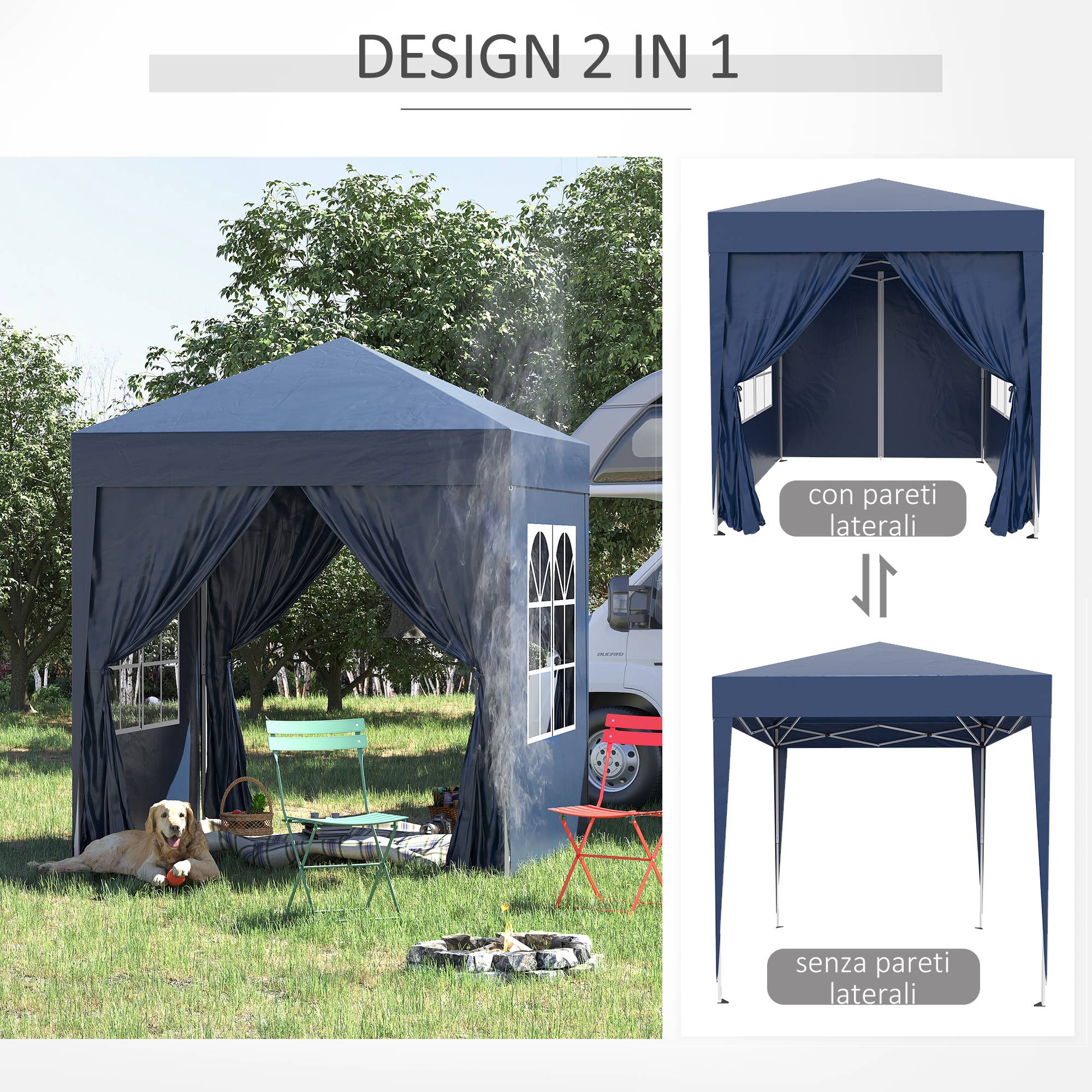 Tonnelle pliante 2x2m avec 4 parois amovibles en polyester et acier, bleue - Image 7