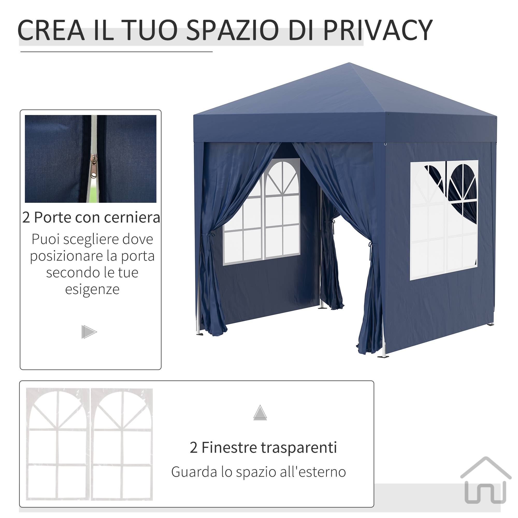 Tonnelle pliante 2x2m avec 4 parois amovibles en polyester et acier, bleue - Image 8