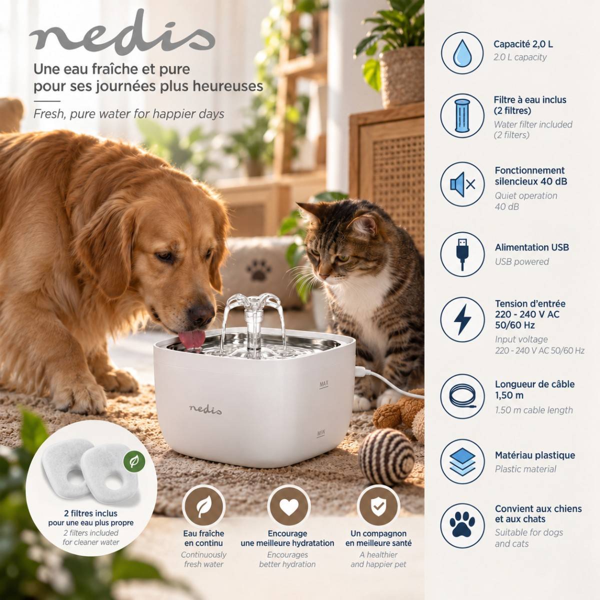 Fontaine à Eau pour Chat et Petit Chien 2L Filtre Pompe USB 40 dB 2 Filtres Inclus Abreuvoir Automatique Nedis - Image 3