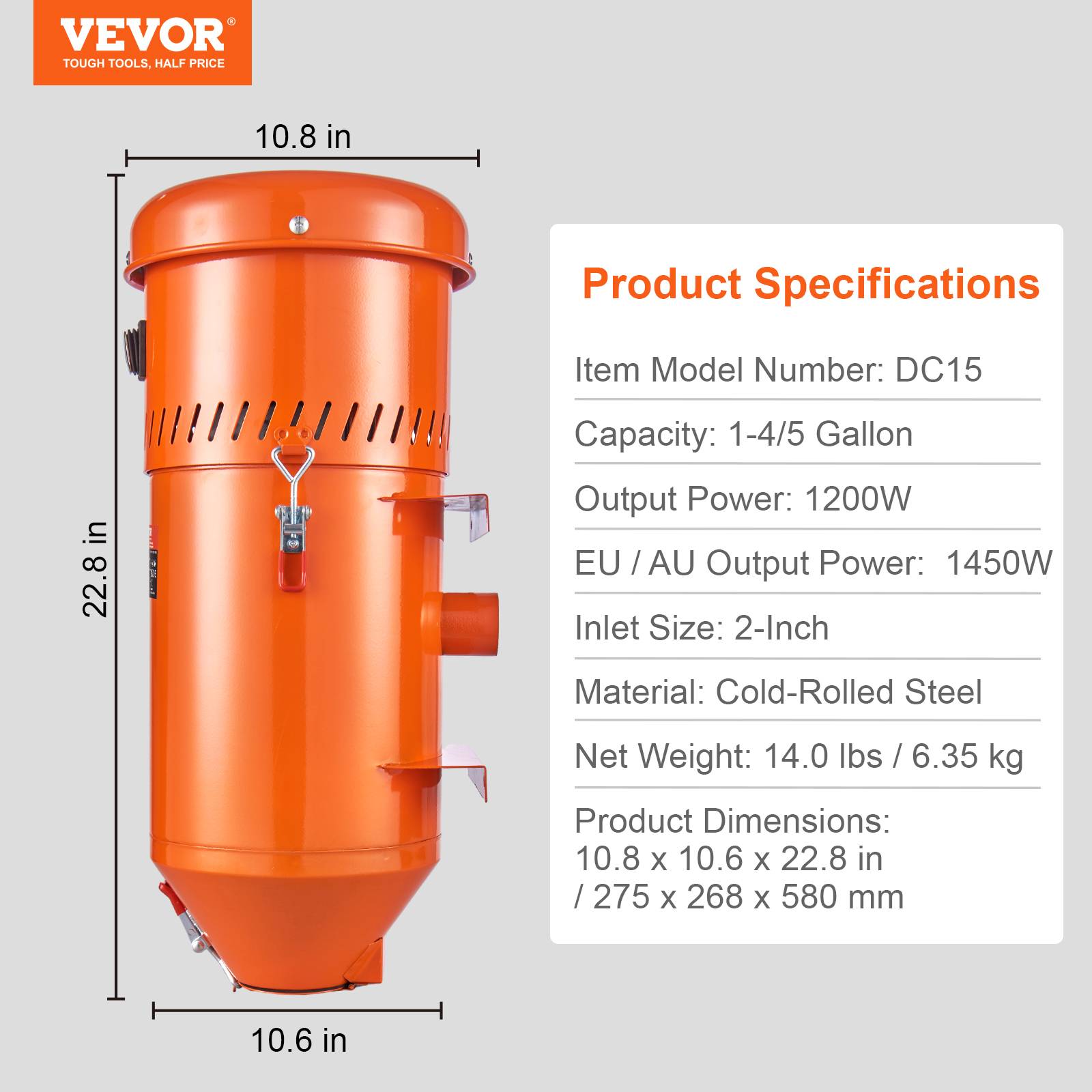 VEVOR Collecteur poussière 1450W, 1.8 gallons, ajustement universel pour armoires de sablage. - Image 7