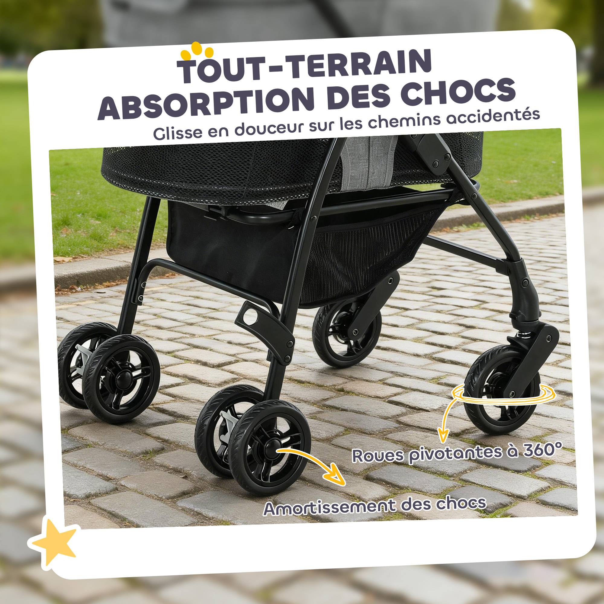 Poussette pour Chien Pousse-Chien 3 en 1 Détachable Pliable Nacelle Amovible et Sans Fermeture Éclair Suspension Gris - Image 7