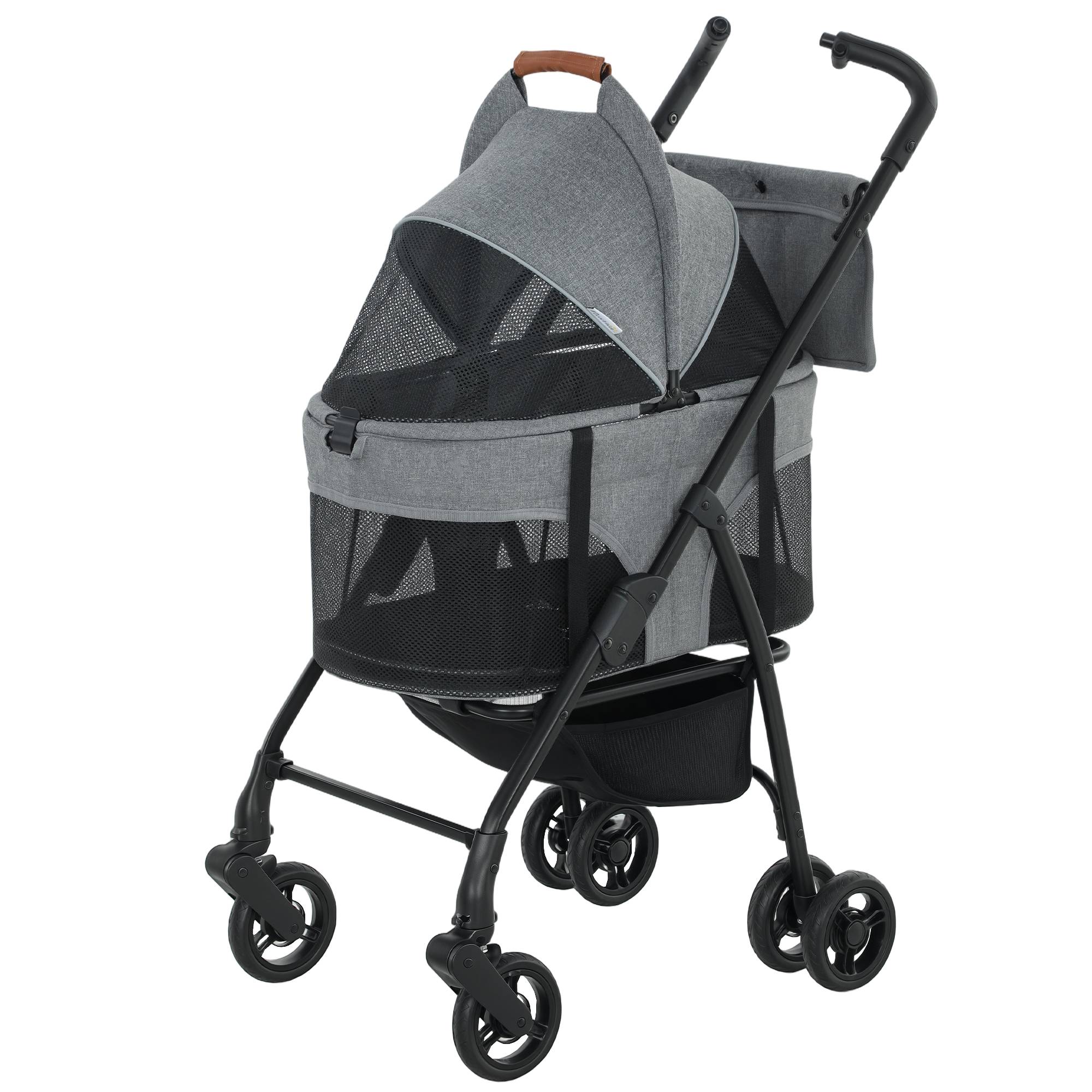Poussette pour Chien Pousse-Chien 3 en 1 Détachable Pliable Nacelle Amovible et Sans Fermeture Éclair Suspension Gris - Image 2