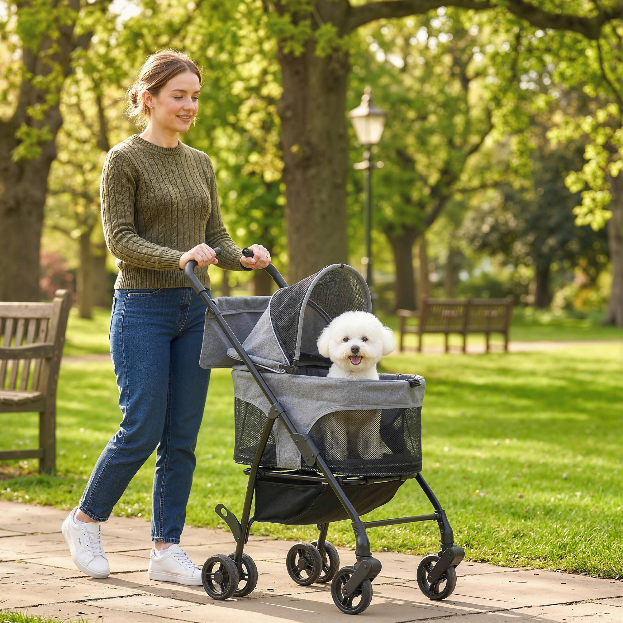 Poussette pour Chien Pousse-Chien 3 en 1 Détachable Pliable Nacelle Amovible et Sans Fermeture Éclair Suspension Gris - Image 3