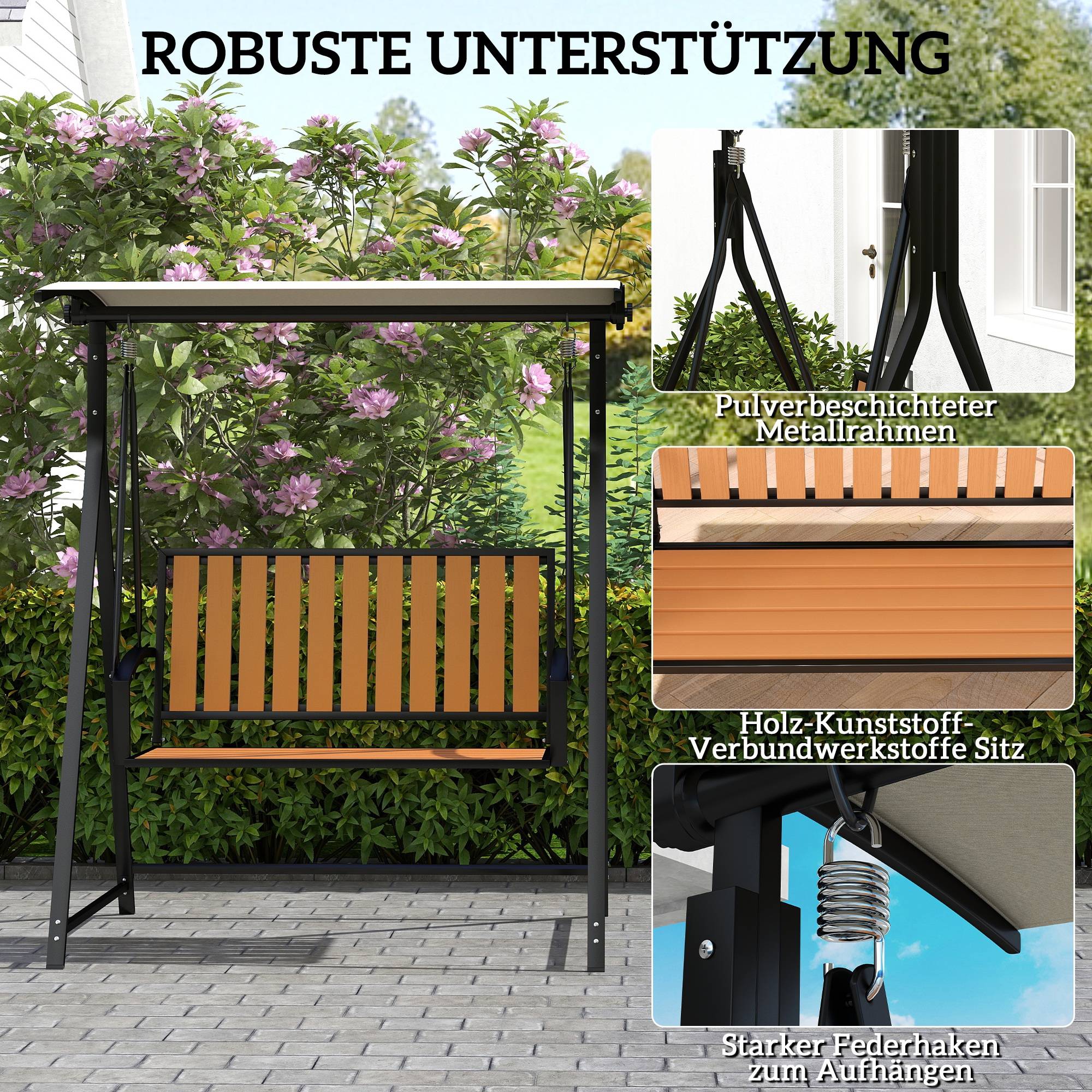 Balancelle de jardin 2 places Métal pour terrasse Toit pare-soleil inclinable 142x112x162 Noir - ComfortXL Outdoor Living - Image 7