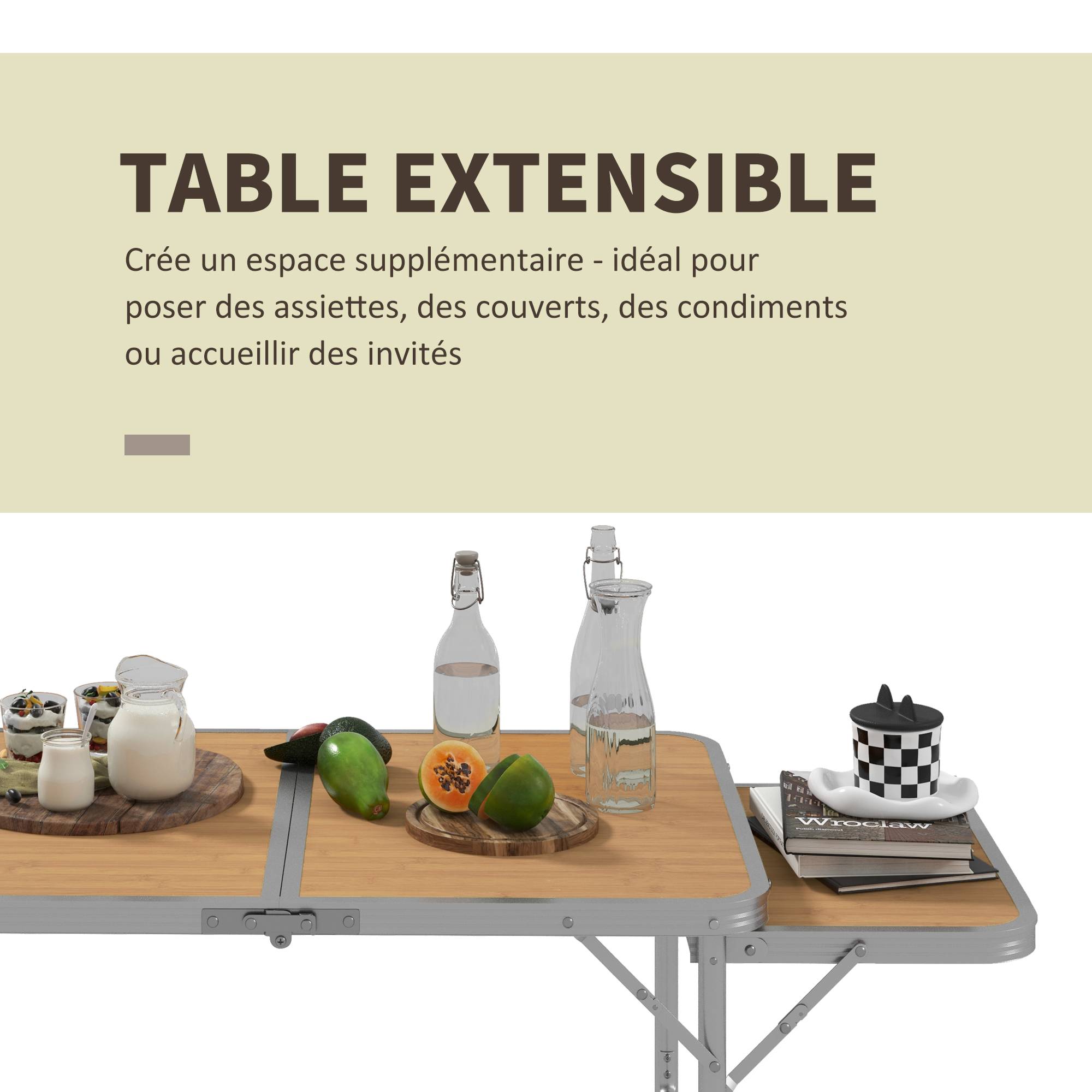 Table de camping pliante avec rallonge alu. MDF imitation bambou - Image 8