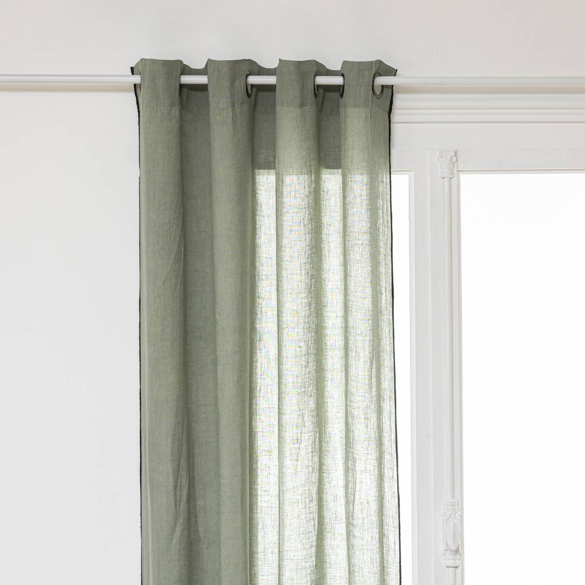 Atmosphera - Lot de 2 Rideaux à œillets en Lin Vert Céladon avec surpiqûre noire 130 x 260 cm - Image 2