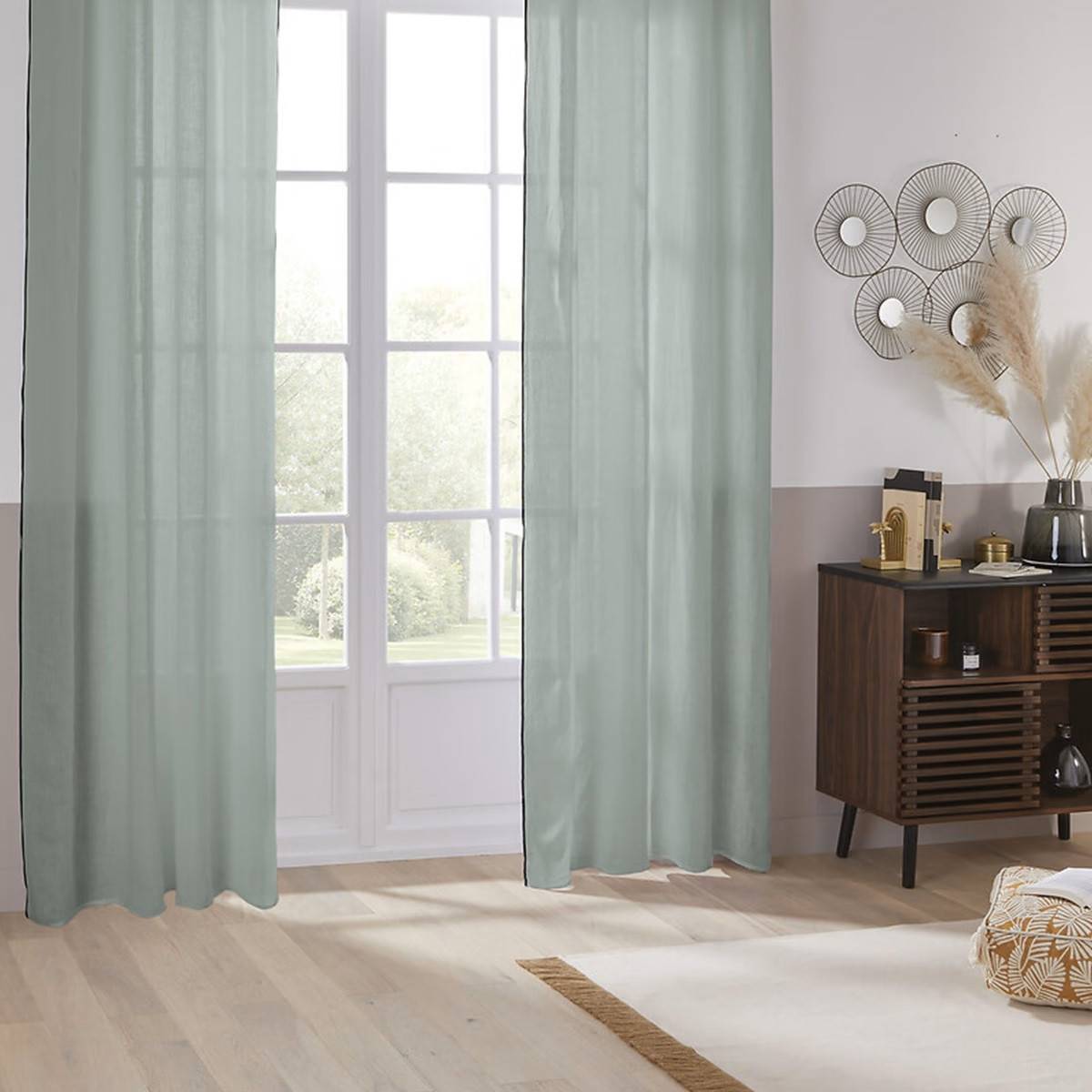 Atmosphera - Lot de 2 Rideaux à œillets en Lin Vert Céladon avec surpiqûre noire 130 x 260 cm - Image 3