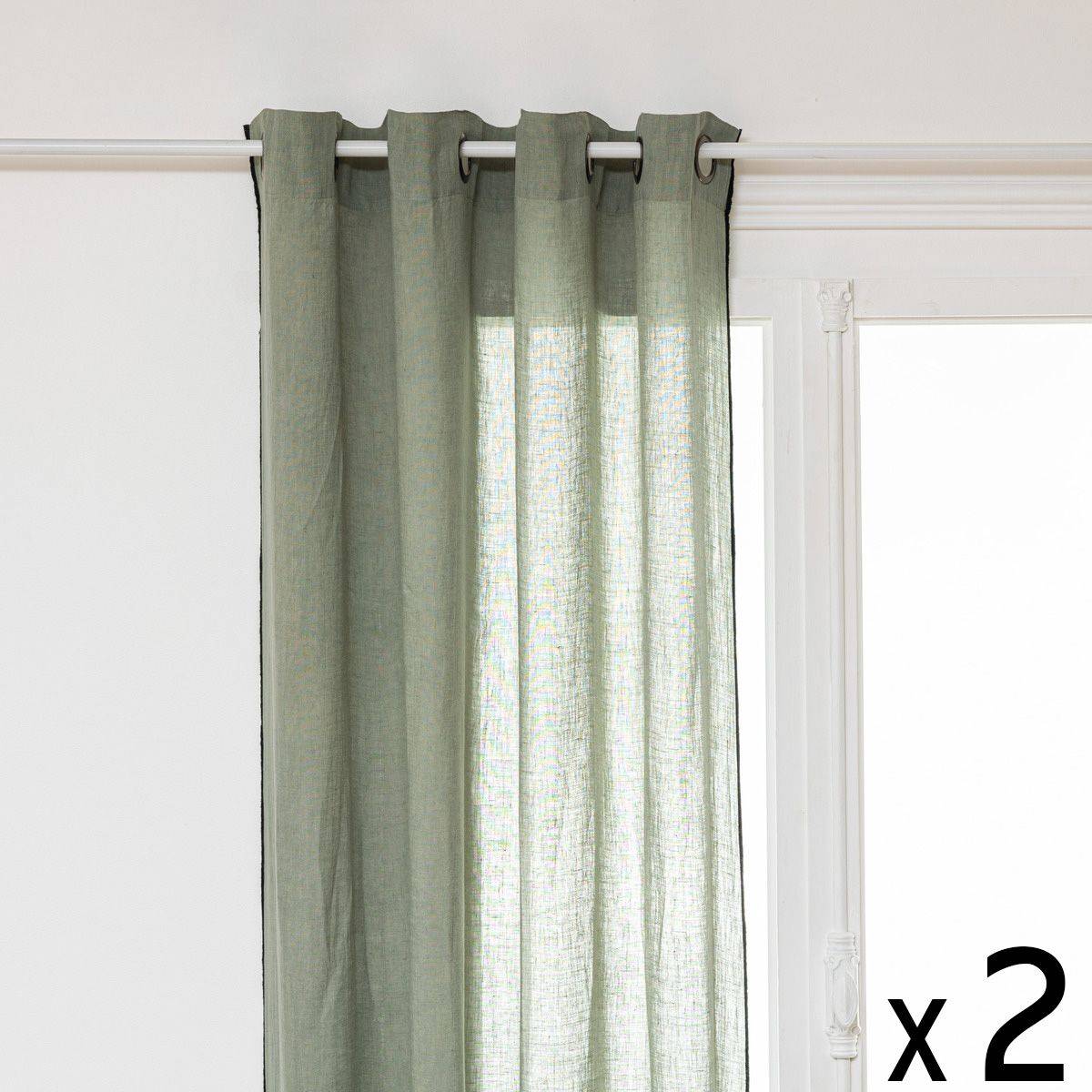 Atmosphera - Lot de 2 Rideaux à œillets en Lin Vert Céladon avec surpiqûre noire 130 x 260 cm - Image 1