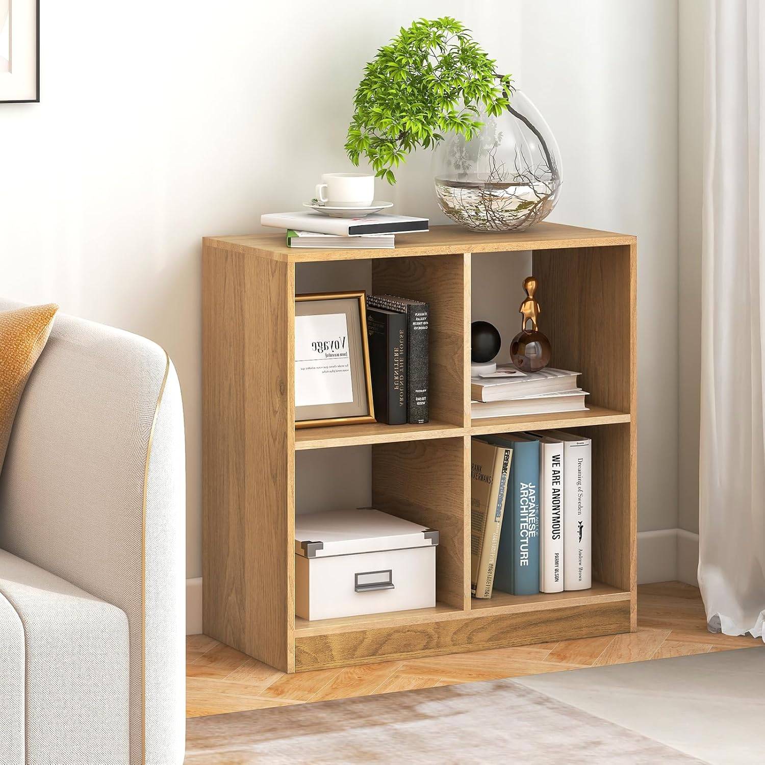 Bibliothèque Étagère Rangement à 3 Niveaux avec 4 Compartiments Ouverts, Meuble Cube de Rangement en Bois, 33 x 73 x 75 cm (4 Cubes,Naturel) - Image 4