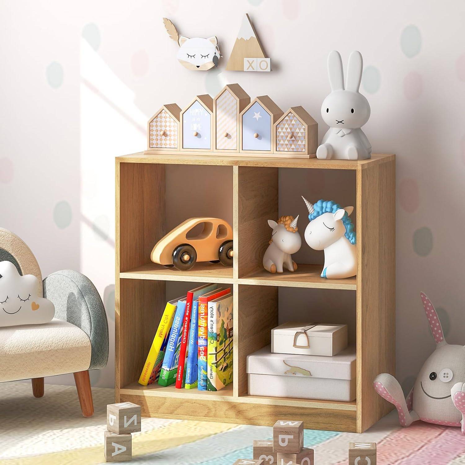 Bibliothèque Étagère Rangement à 3 Niveaux avec 4 Compartiments Ouverts, Meuble Cube de Rangement en Bois, 33 x 73 x 75 cm (4 Cubes,Naturel) - Image 2