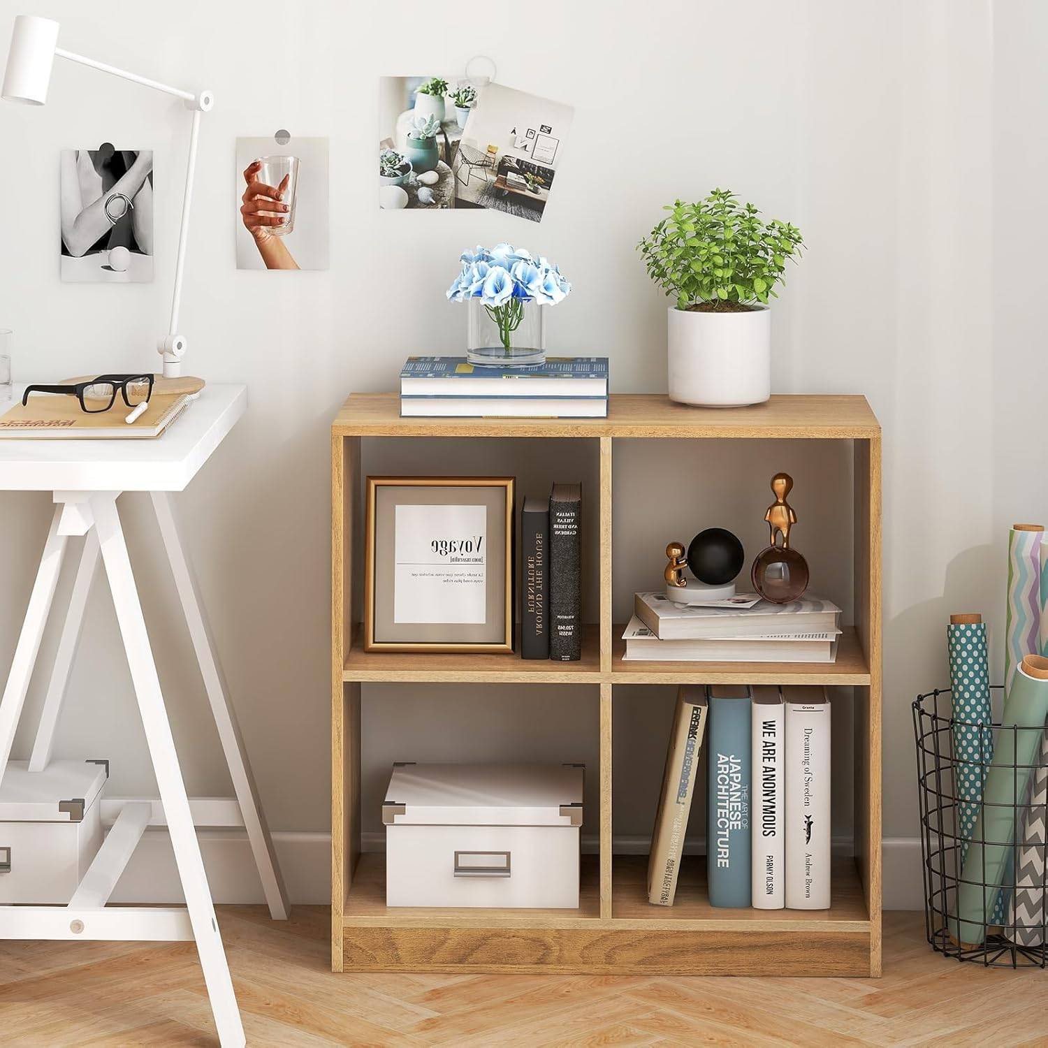 Bibliothèque Étagère Rangement à 3 Niveaux avec 4 Compartiments Ouverts, Meuble Cube de Rangement en Bois, 33 x 73 x 75 cm (4 Cubes,Naturel) - Image 5