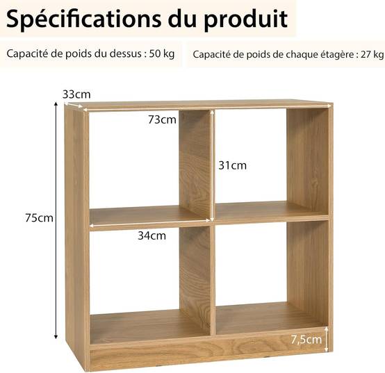 Bibliothèque Étagère Rangement à 3 Niveaux avec 4 Compartiments Ouverts, Meuble Cube de Rangement en Bois, 33 x 73 x 75 cm (4 Cubes,Naturel) - Image 3