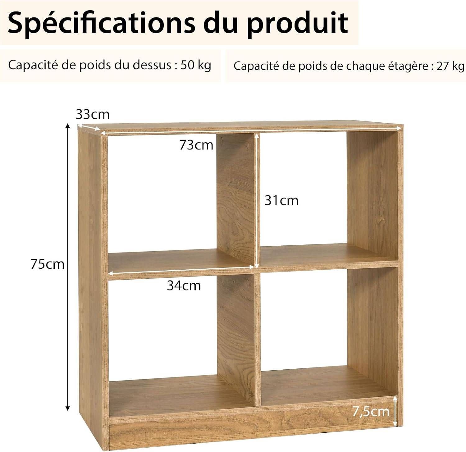 Bibliothèque Étagère Rangement à 3 Niveaux avec 4 Compartiments Ouverts, Meuble Cube de Rangement en Bois, 33 x 73 x 75 cm (4 Cubes,Naturel) - Image 3