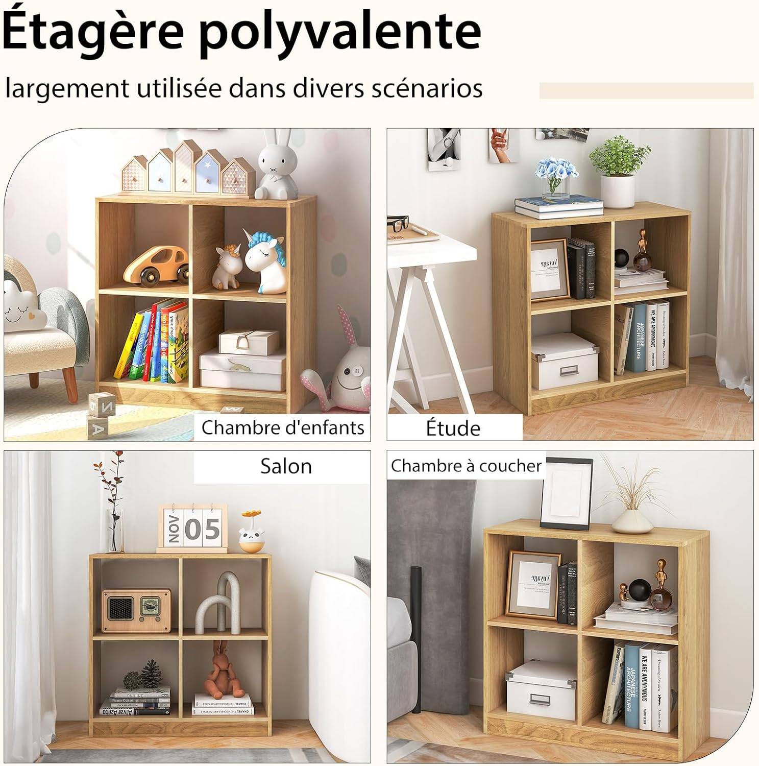 Bibliothèque Étagère Rangement à 3 Niveaux avec 4 Compartiments Ouverts, Meuble Cube de Rangement en Bois, 33 x 73 x 75 cm (4 Cubes,Naturel) - Image 8