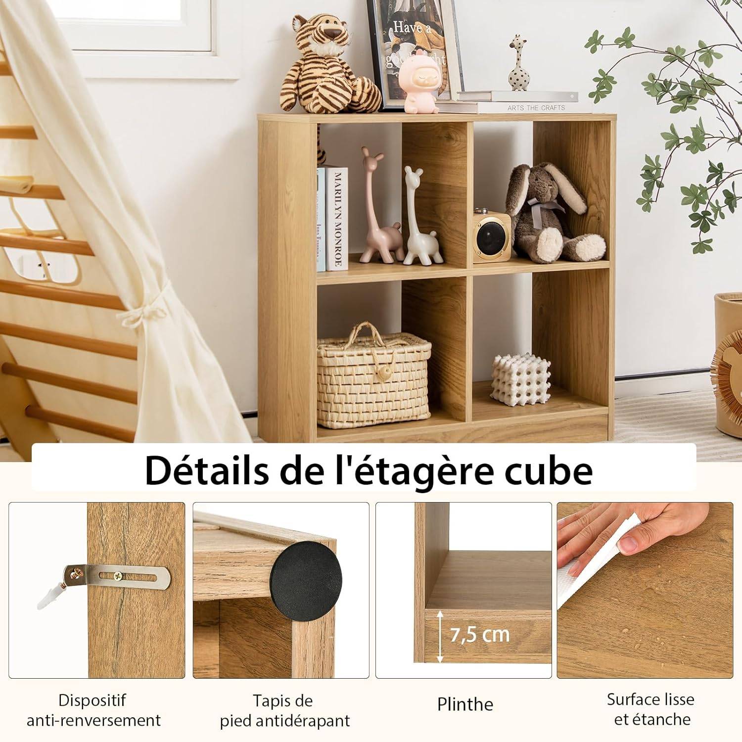 Bibliothèque Étagère Rangement à 3 Niveaux avec 4 Compartiments Ouverts, Meuble Cube de Rangement en Bois, 33 x 73 x 75 cm (4 Cubes,Naturel) - Image 9
