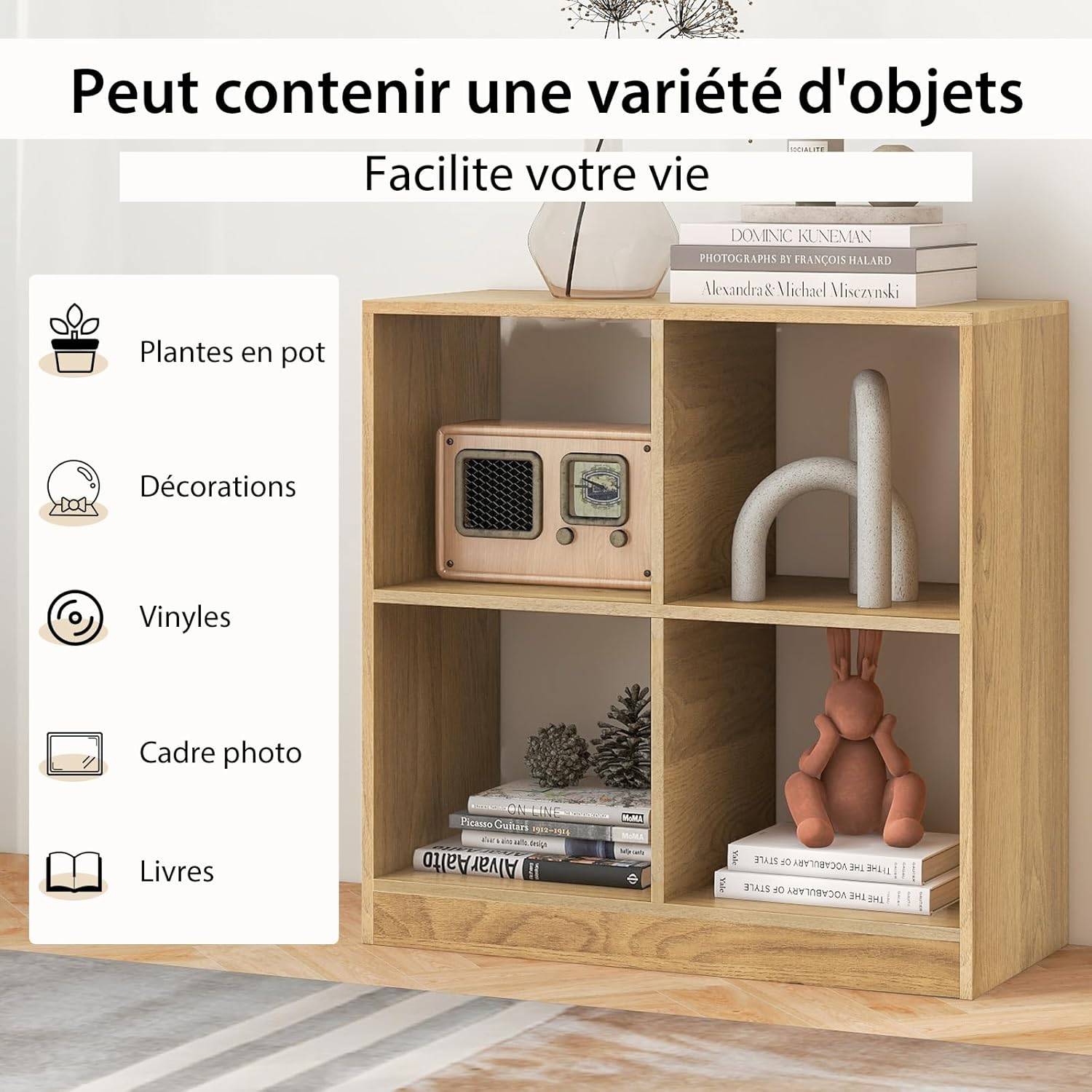 Bibliothèque Étagère Rangement à 3 Niveaux avec 4 Compartiments Ouverts, Meuble Cube de Rangement en Bois, 33 x 73 x 75 cm (4 Cubes,Naturel) - Image 6