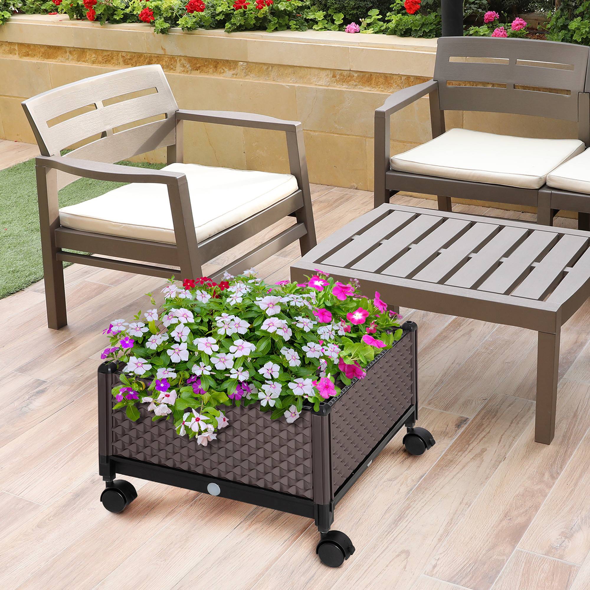 Pot de fleurs en plastique avec roulettes et trous de drainage pour plantation extérieure 50 x 50 x 33 cm Marron - Image 3