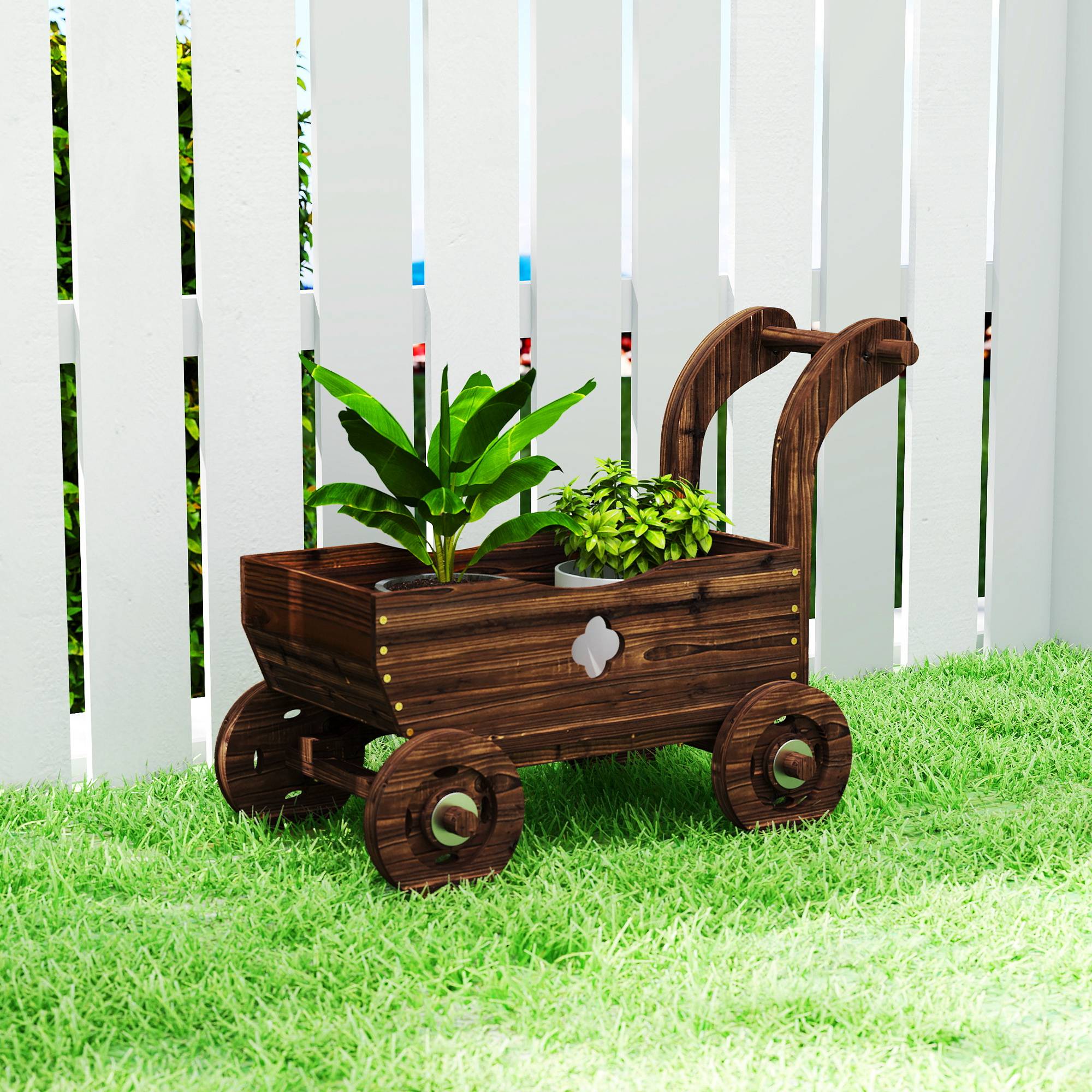 Sans Marque - Chariot jardinière bois 4 roues poignée drainage 68x38x52 cm bois - Image 3