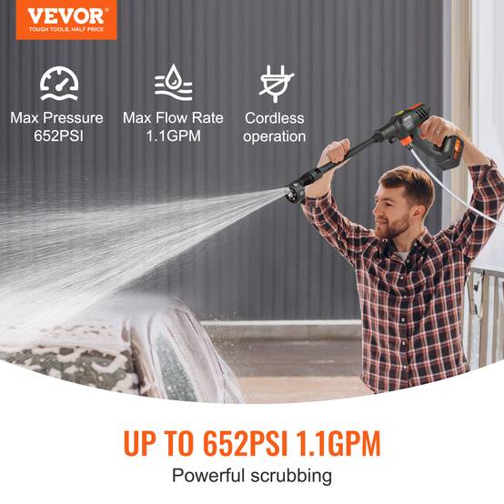 VEVOR Nettoyeur haute pression sans fil 21V 652 PSI, 4 L/min, batterie 4.0Ah, pour terrasse, jardin, voiture. - Image 2
