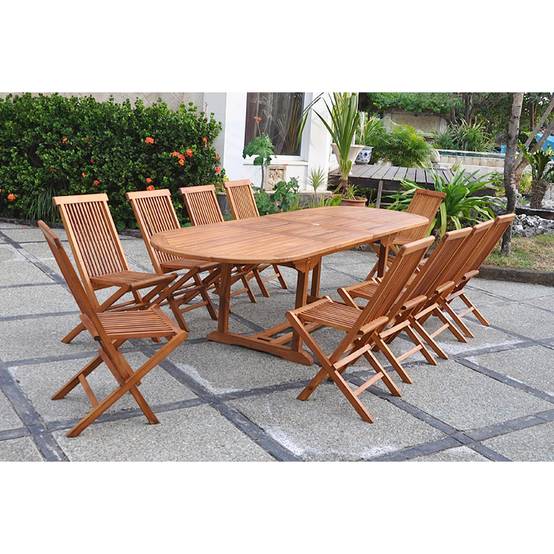 Table de jardin ovale 10 places et 10 chaises en teck huilé LUBOK - Image 7
