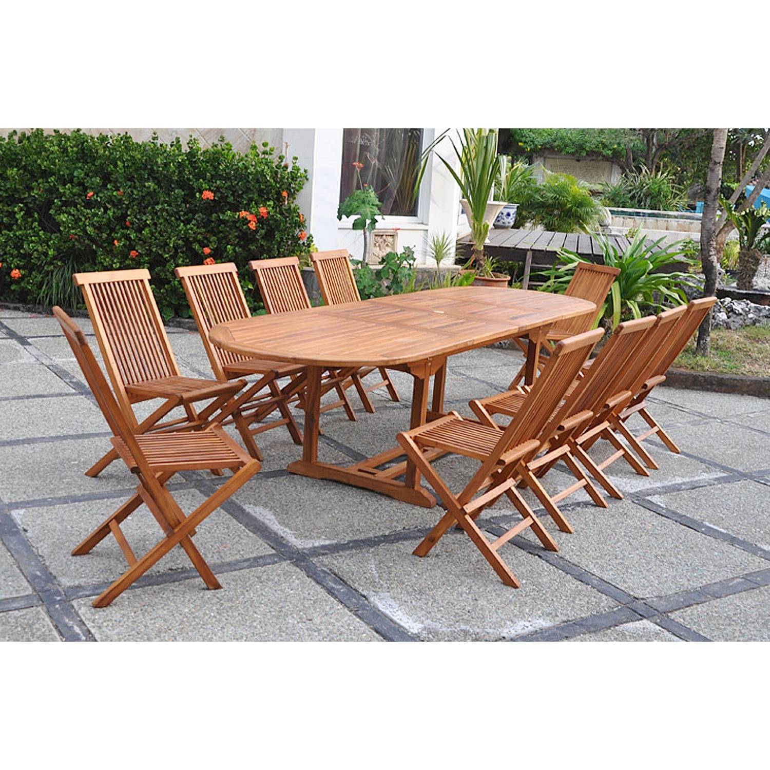 Table de jardin ovale 10 places et 10 chaises en teck huilé LUBOK - Image 7