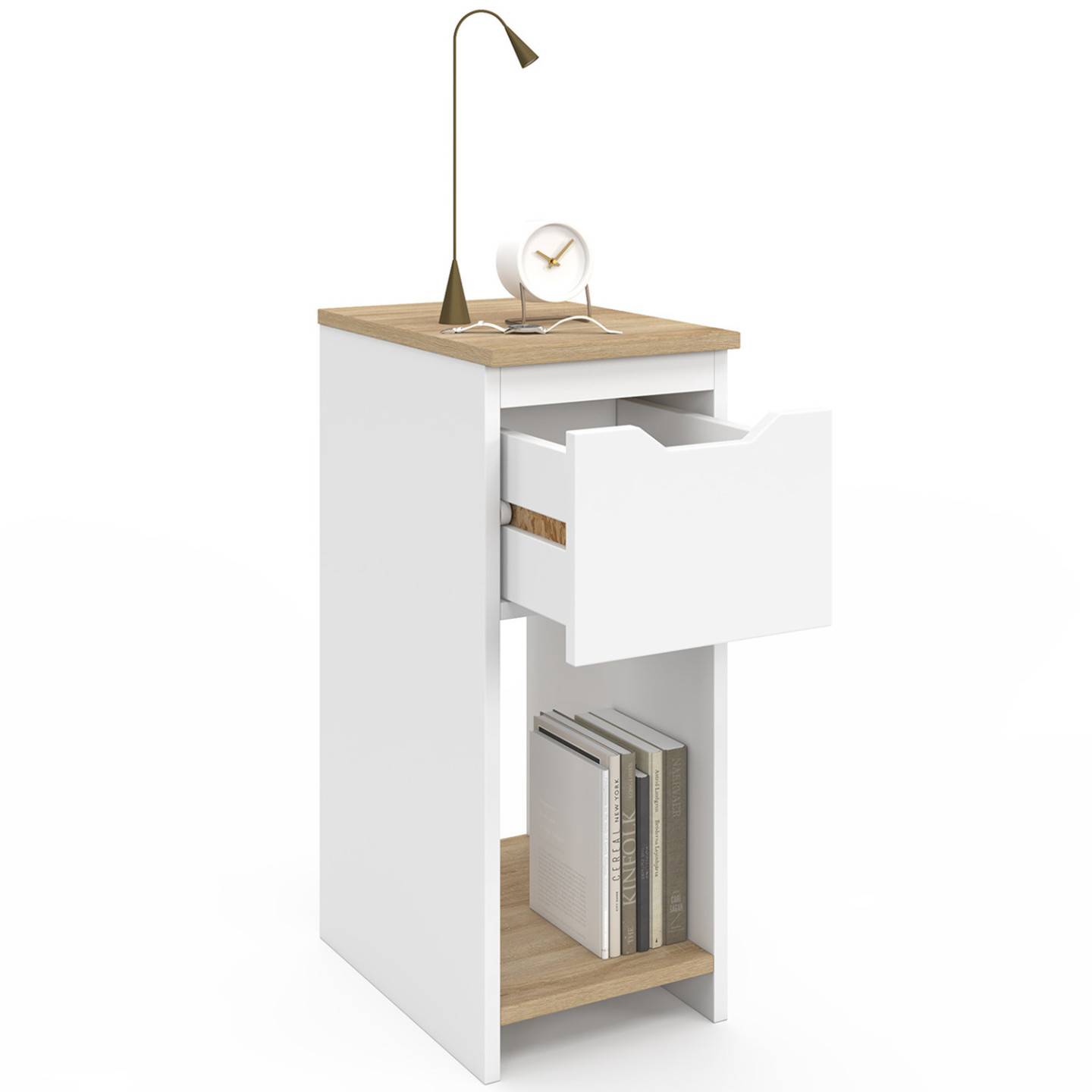 Lot de 2 tables de chevet étroites ANOUK 1 tiroir avec niche blanc et bois - Image 6
