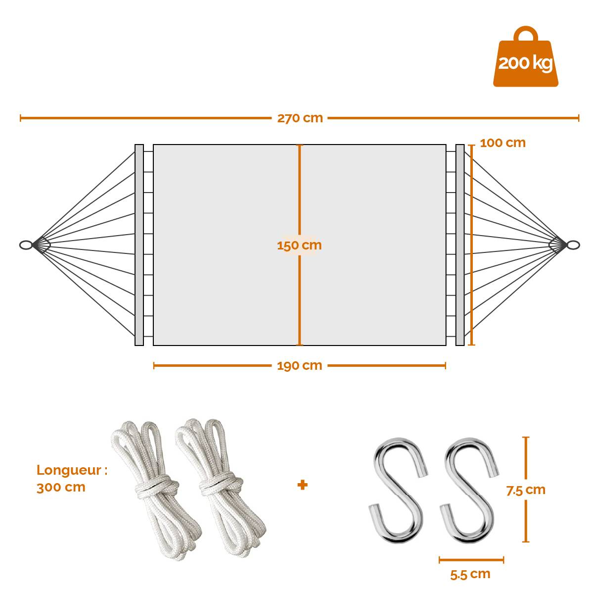 Linxor - Toile de hamac 2 personnes 150 x 270 cm avec système d'attache - Gris - Linxor - Image 2