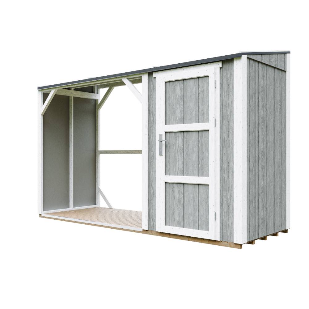 Timbela - Abri à bûches avec remise - 4,14 m² - 345x120xH220 cm - Abri pour bois de chauffage avec rangement - 10 mm d’épaisseur - M985-TUNDRA GREY - Timbela - Image 4