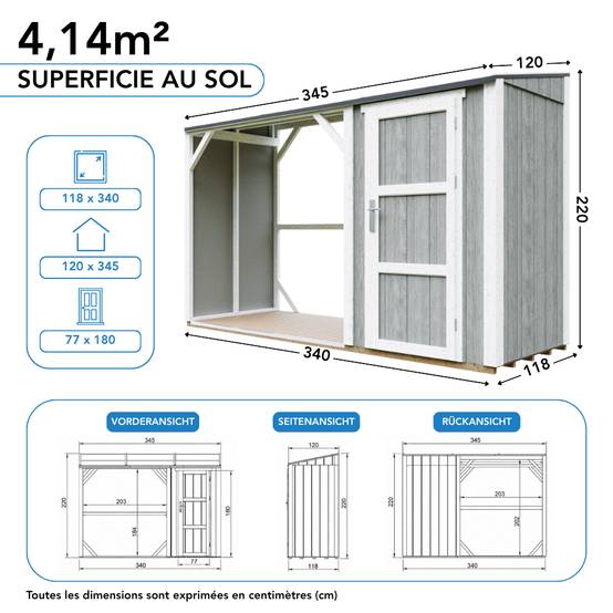 Timbela - Abri à bûches avec remise - 4,14 m² - 345x120xH220 cm - Abri pour bois de chauffage avec rangement - 10 mm d’épaisseur - M985-TUNDRA GREY - Timbela - Image 8